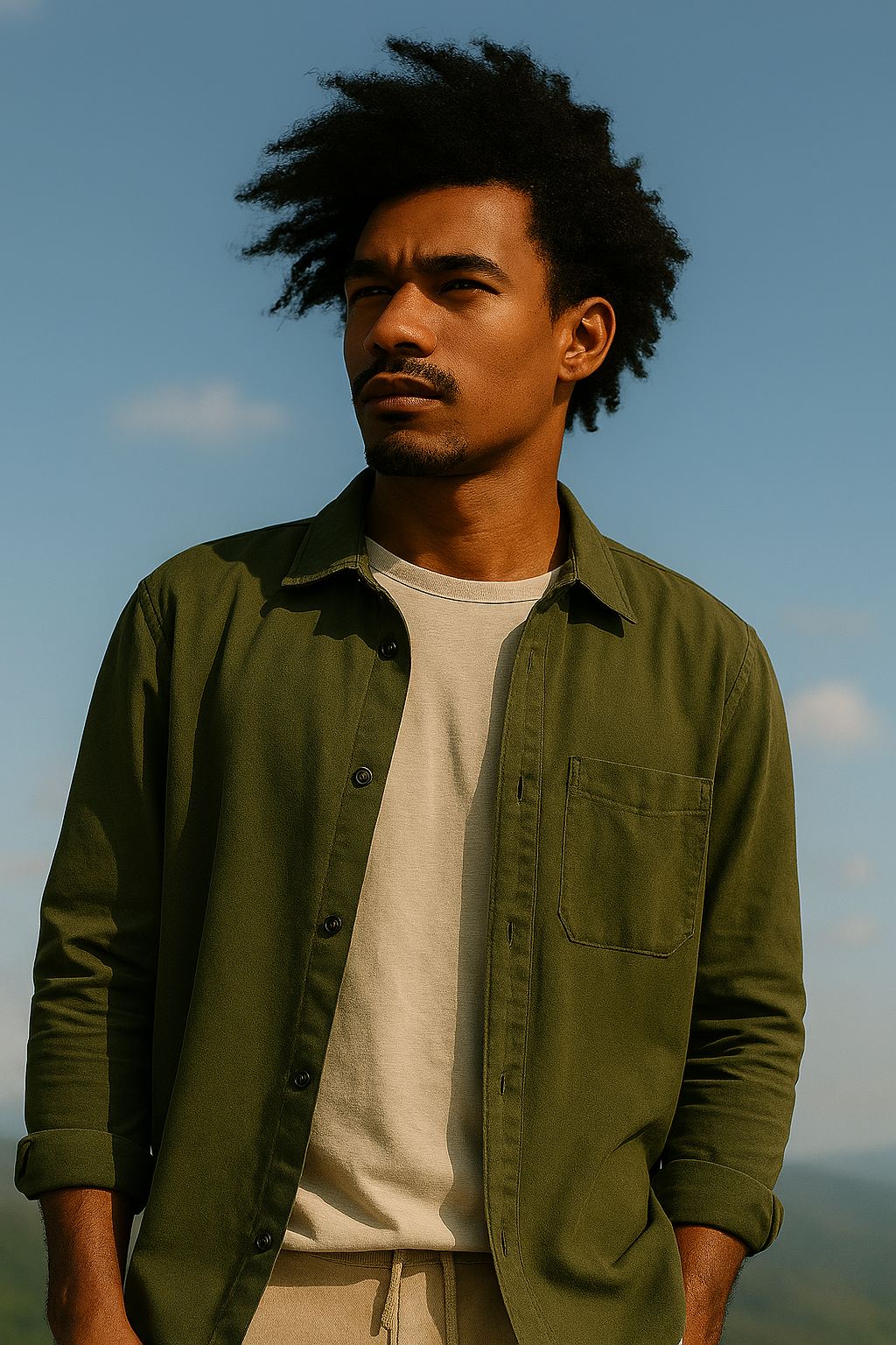 Homem com afro, fundo azul, expressão forte