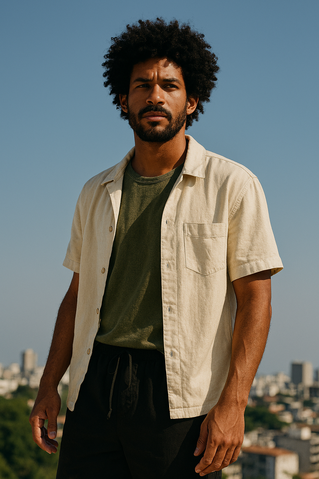 Homem com cabelo crespo, cidade ao fundo