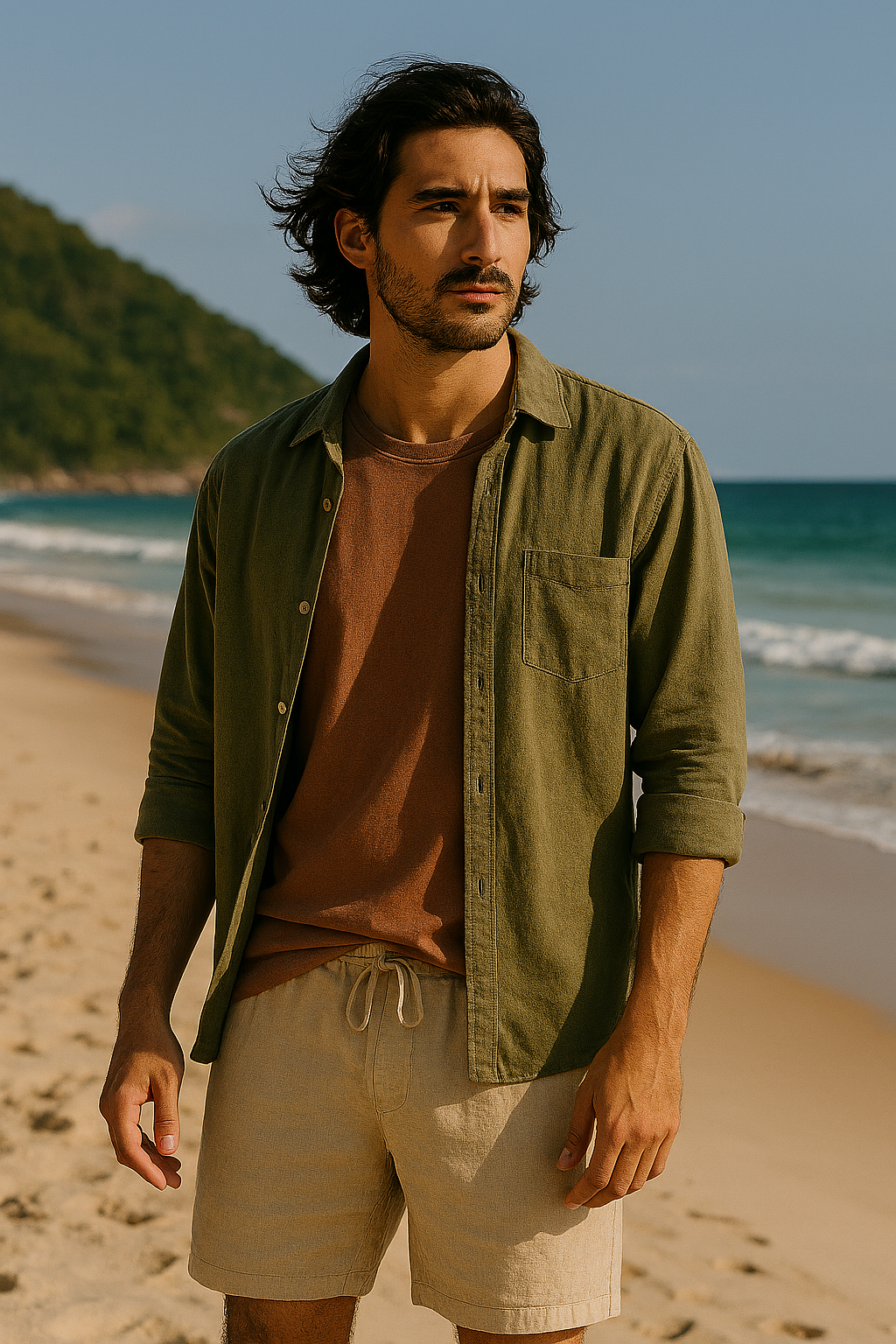 Homem na praia, look tropical