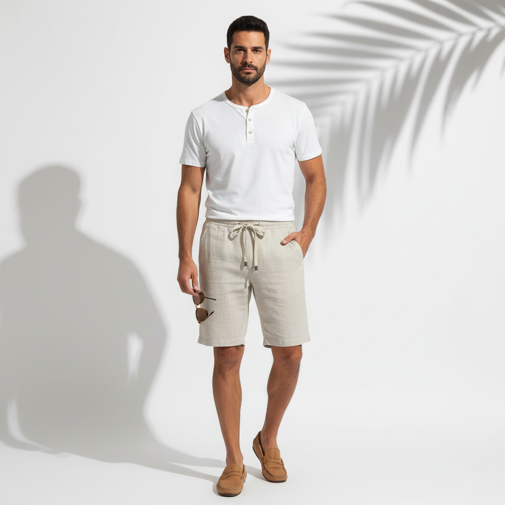 Bermuda-de-Linho-Bege-Claro-corpo-inteiro