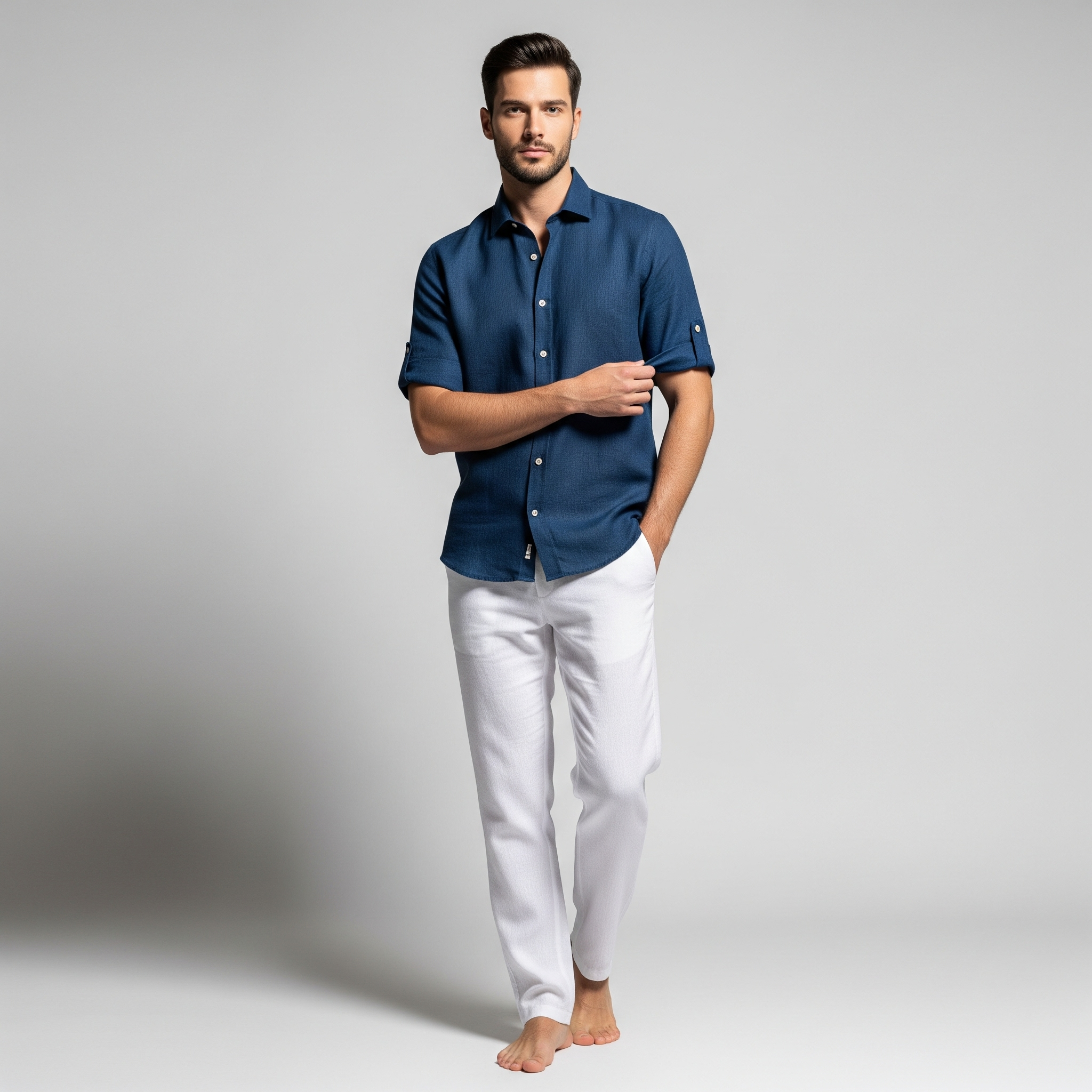 Calça-de-Linho-Branca-com-camisa-linho-azul-marinho