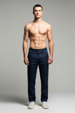 Calça de Linho Masculina com Cós Lateral Azul-marinho
