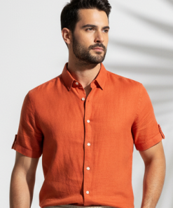 Camisa Masculina de Linho Terracota com Manga Curta