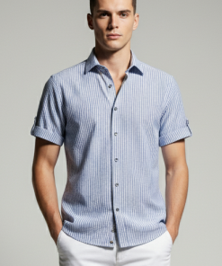 Camisa Masculina de Seersucker Listras Finas em Azul e Branco