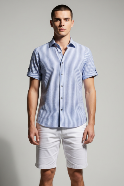 Camisa Masculina de Seersucker Listras Finas em Azul e Branco