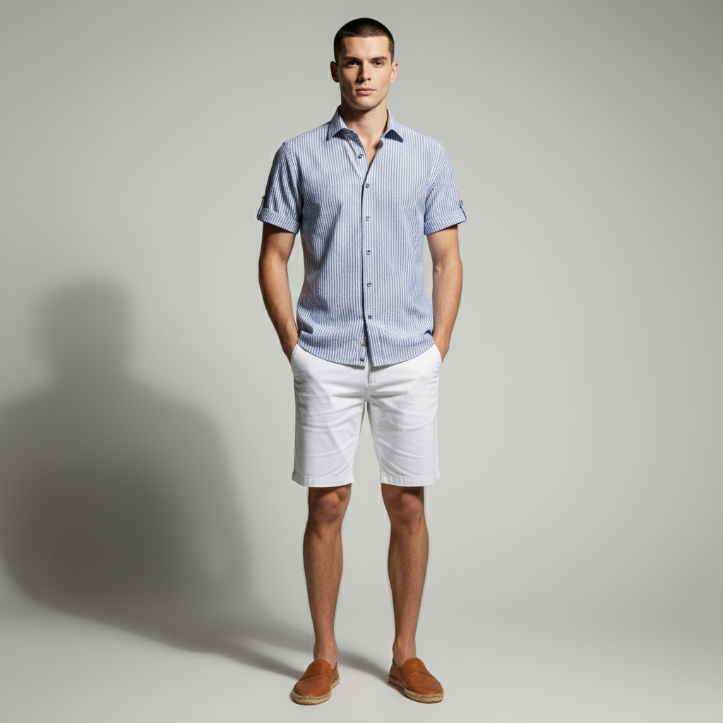 Camisa-Masculina-de-Seersucker-Listras-Finas-em-Azul-e-Branco-corpo-inteiro