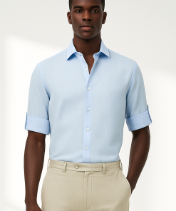 Camisa Masculina de Linho Azul Claro com Botões Tonais