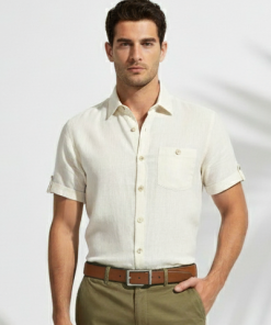 Camisa Masculina de Linho Bege Claro com Mangas Dobradas