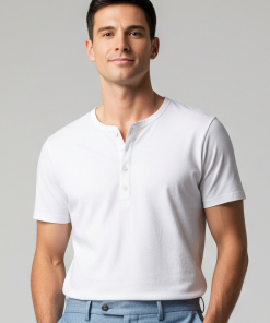 Camiseta Masculina de Algodão Egípcio com Gola Henley Branca