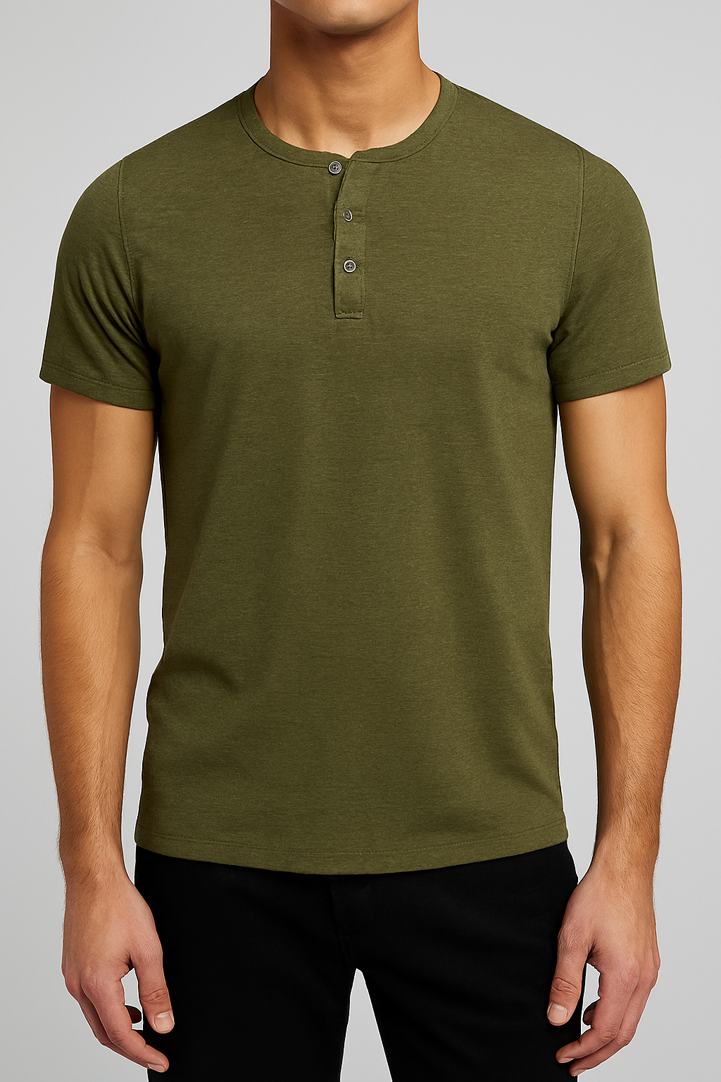 Camiseta-Henley-Masculina-Verde-Oliva-em-Algodão-Egípcio-frente