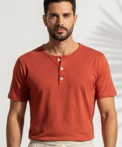 Camiseta Henley Masculina Terracota em Algodão Egípcio