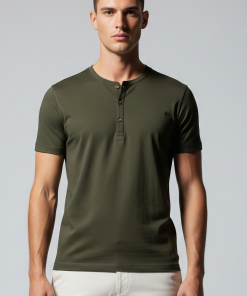 Camiseta Masculina Henley de Algodão Pima Verde-militar