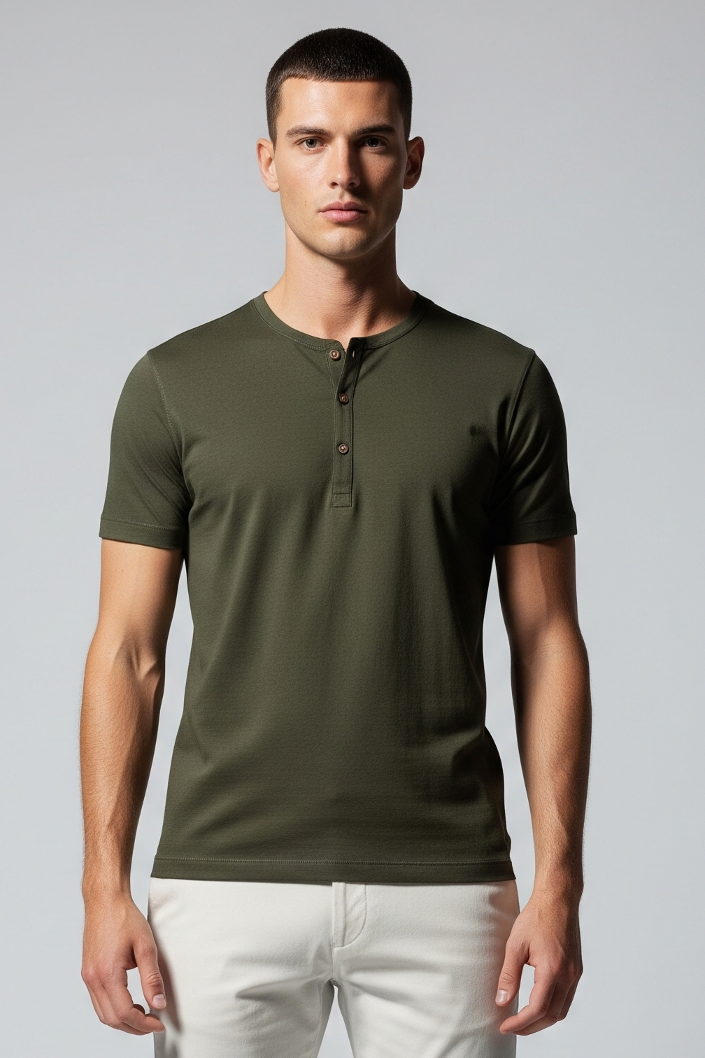 Camiseta-Masculina-Henley-de-Algodão-Pima-Verde-militar