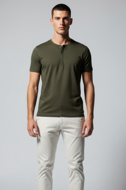 Camiseta Masculina Henley de Algodão Pima Verde-militar
