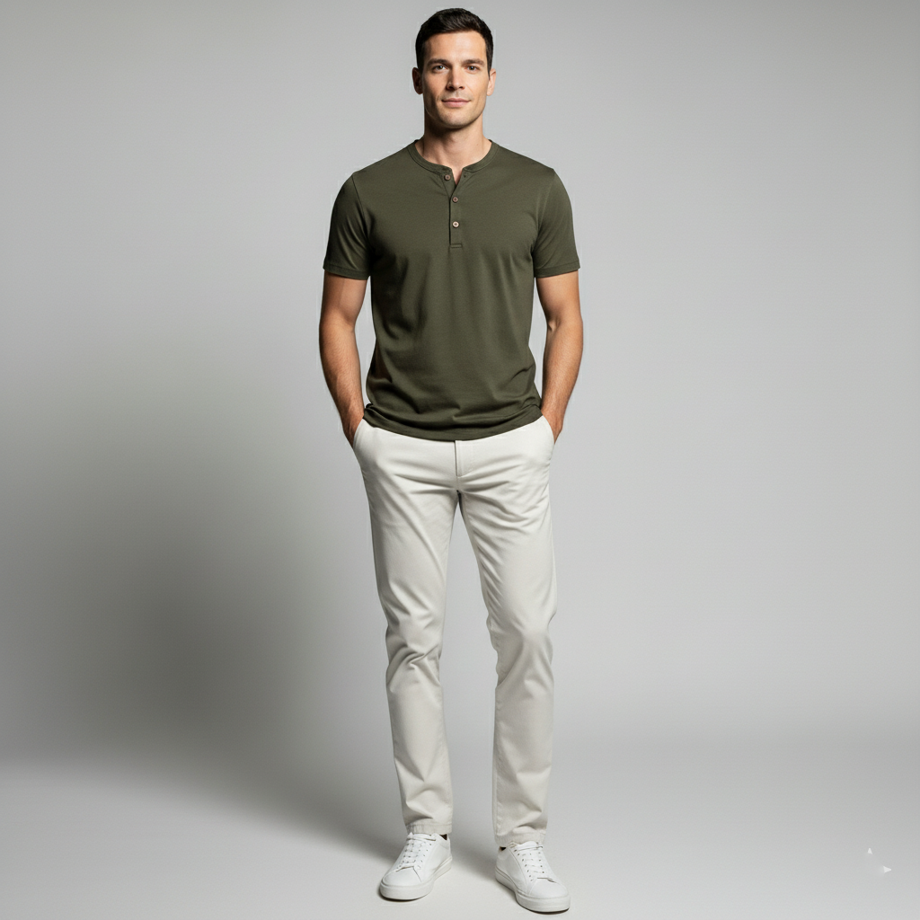 Camiseta-Masculina-Henley-de-Algodão-Pima-Verde-militar-corpointeiro