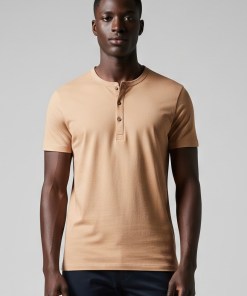 Camiseta Masculina de Algodão Egípcio com Gola Henley Caramelo Claro