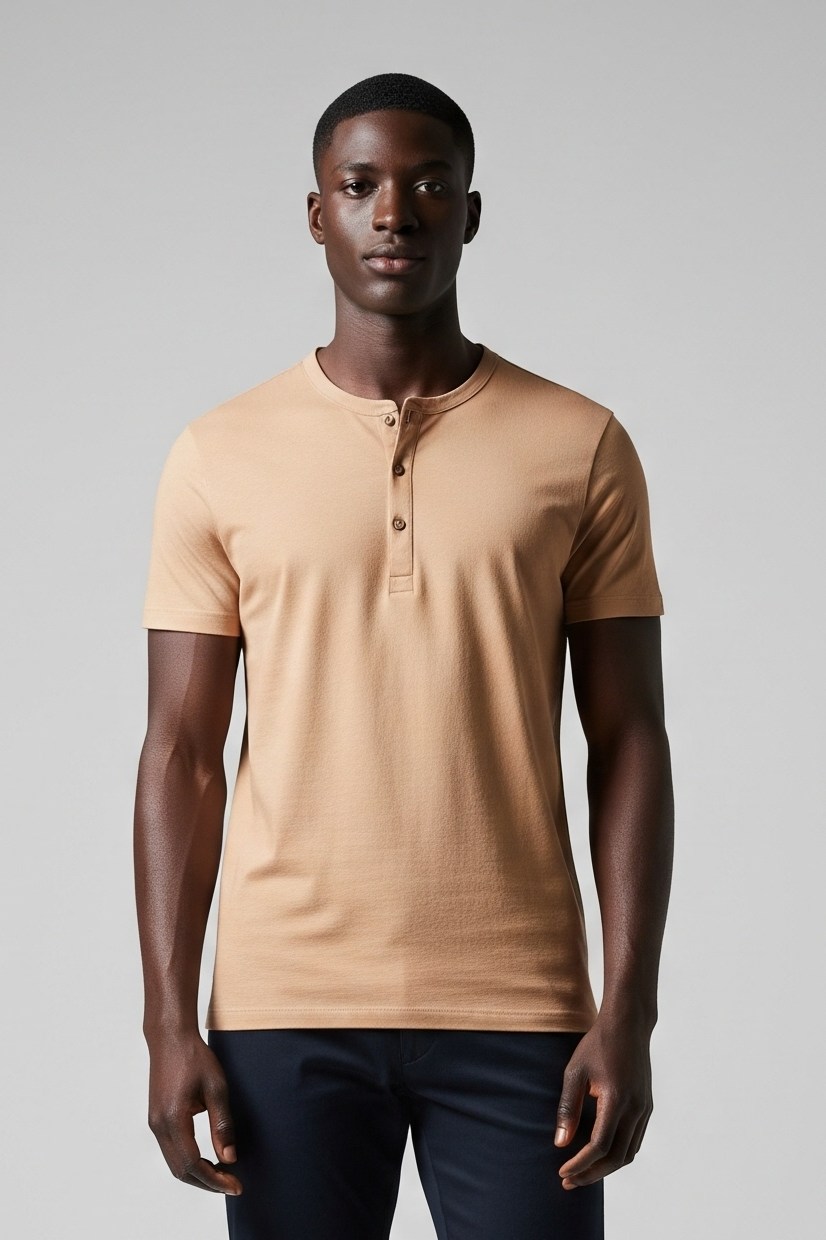 Camiseta-Masculina-de-Algodão-Egípcio-com-Gola-Henley-Caramelo-Claro