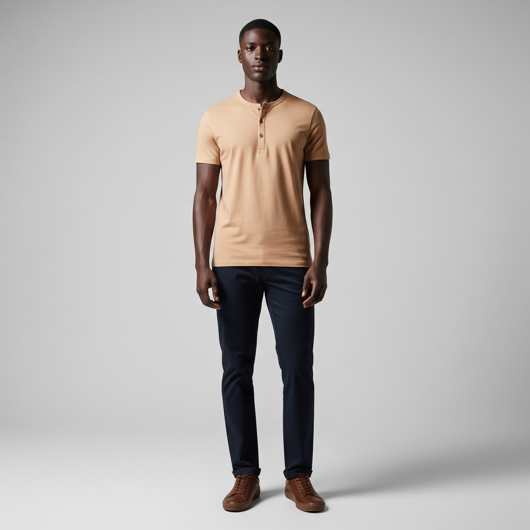 Camiseta-Masculina-de-Algodão-Egípcio-com-Gola-Henley-Caramelo-Claro-corpo-inteiro