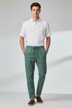 Calça Masculina de Ramie com Cós Elástico Verde Igarapé
