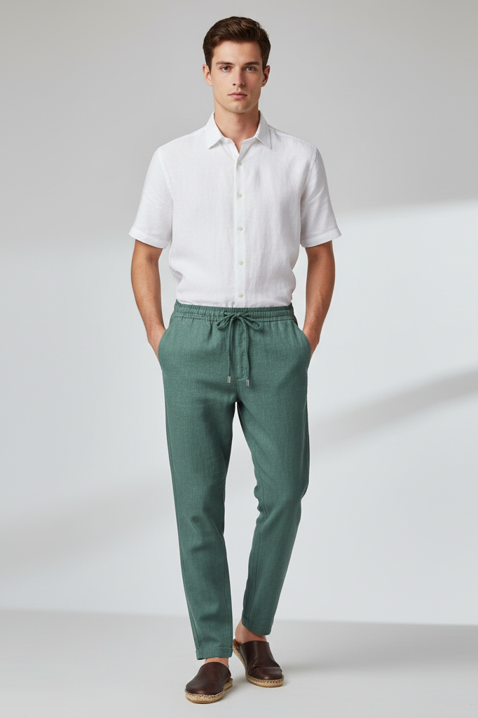 calca-masculina-de-ramie-com-cos-elastico-verde-igarape-corpo-inteiro