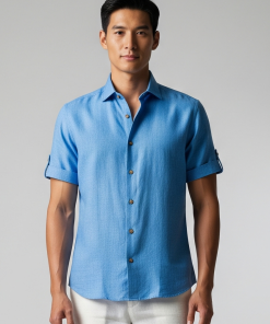 Camisa de Linho Masculina com Algodão Egípcio Azul Ilhas Gregas