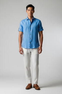 Camisa de Linho Masculina com Algodão Egípcio Azul Ilhas Gregas
